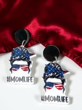 Patriotic #MOMLIFE Earrings USA Flag Messy Bun Dangles